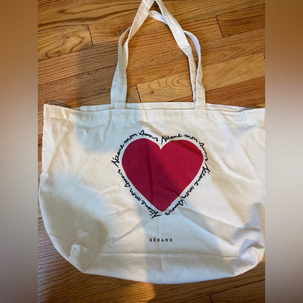 Sézane Cream Tote with Red Heart Design